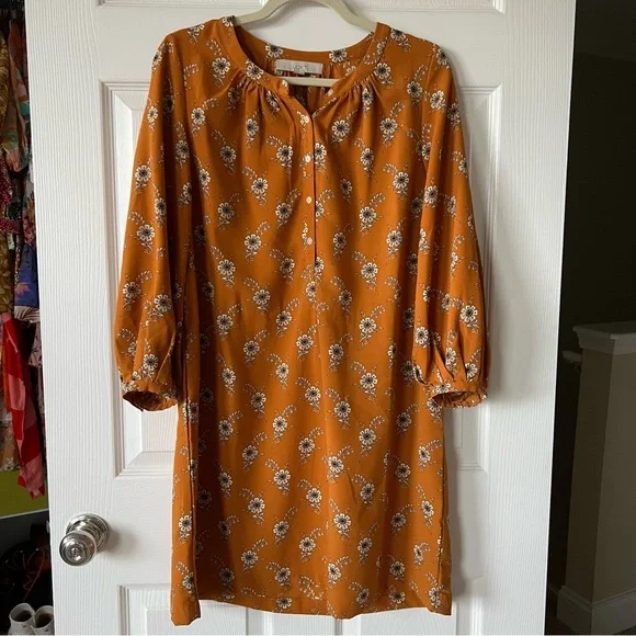 Loft Mustard Floral Long Sleeve Shift Dress